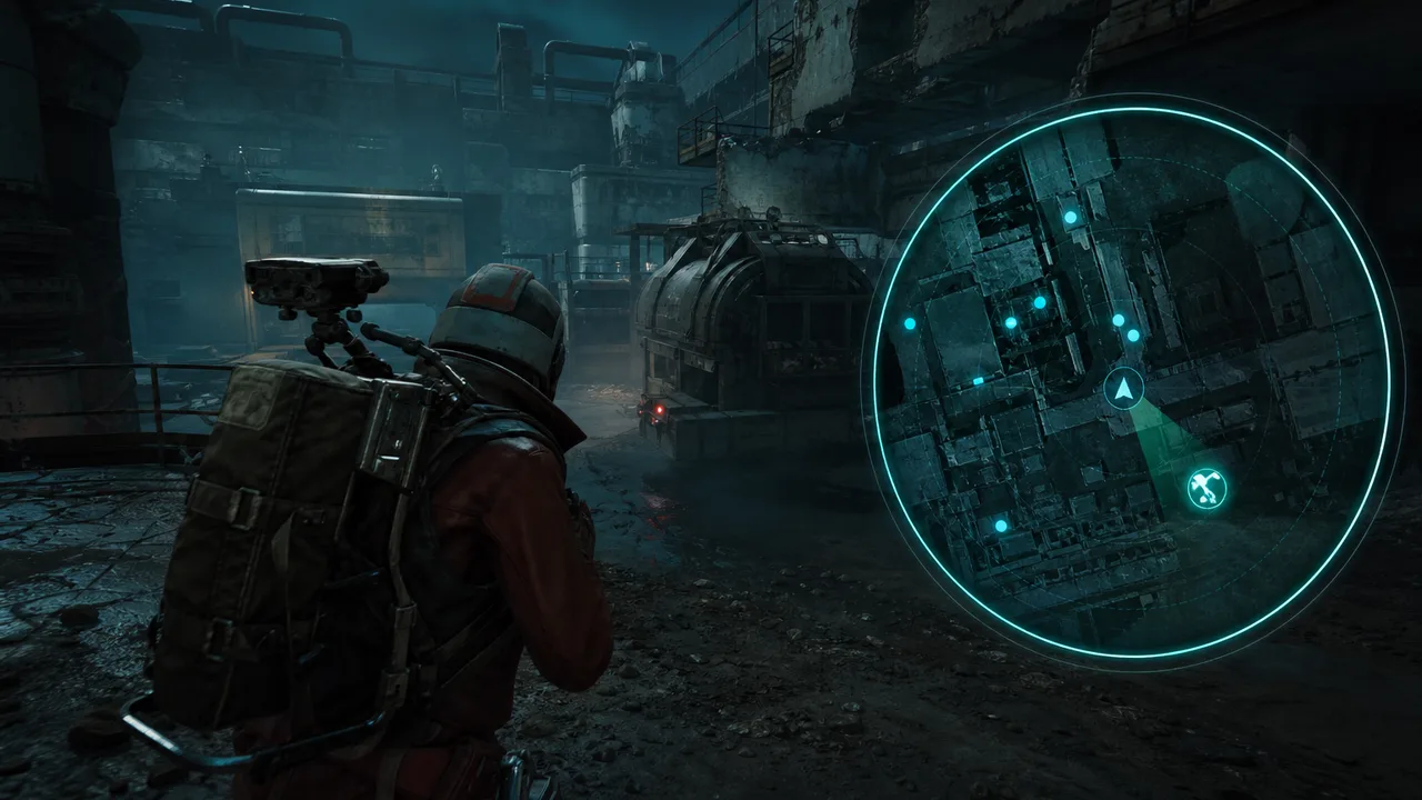 2D circular radar with player and drone blips on dark grid