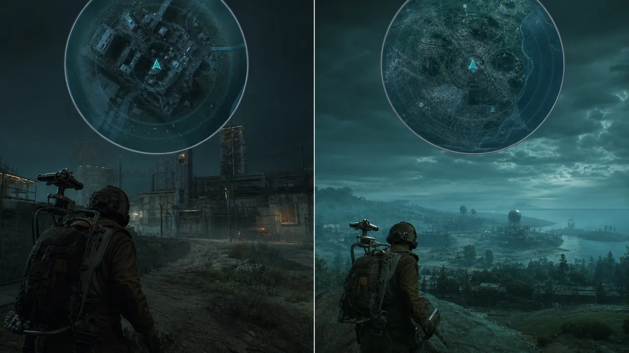 Radar zoom comparison showing tight compound view versus wide surface view