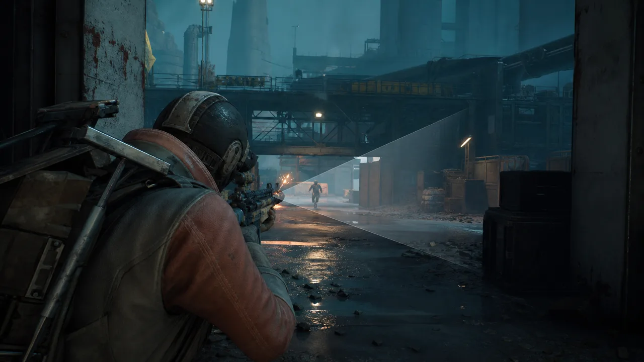 Crosshair and FOV cone overlay on a dark Arc Raiders combat grid