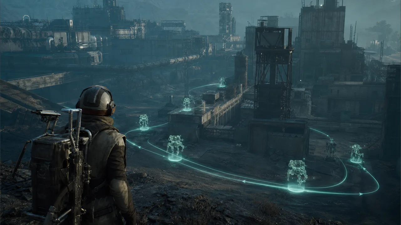 ARC patrol ESP markers showing mechanized unit paths on Arc Raiders industrial terrain