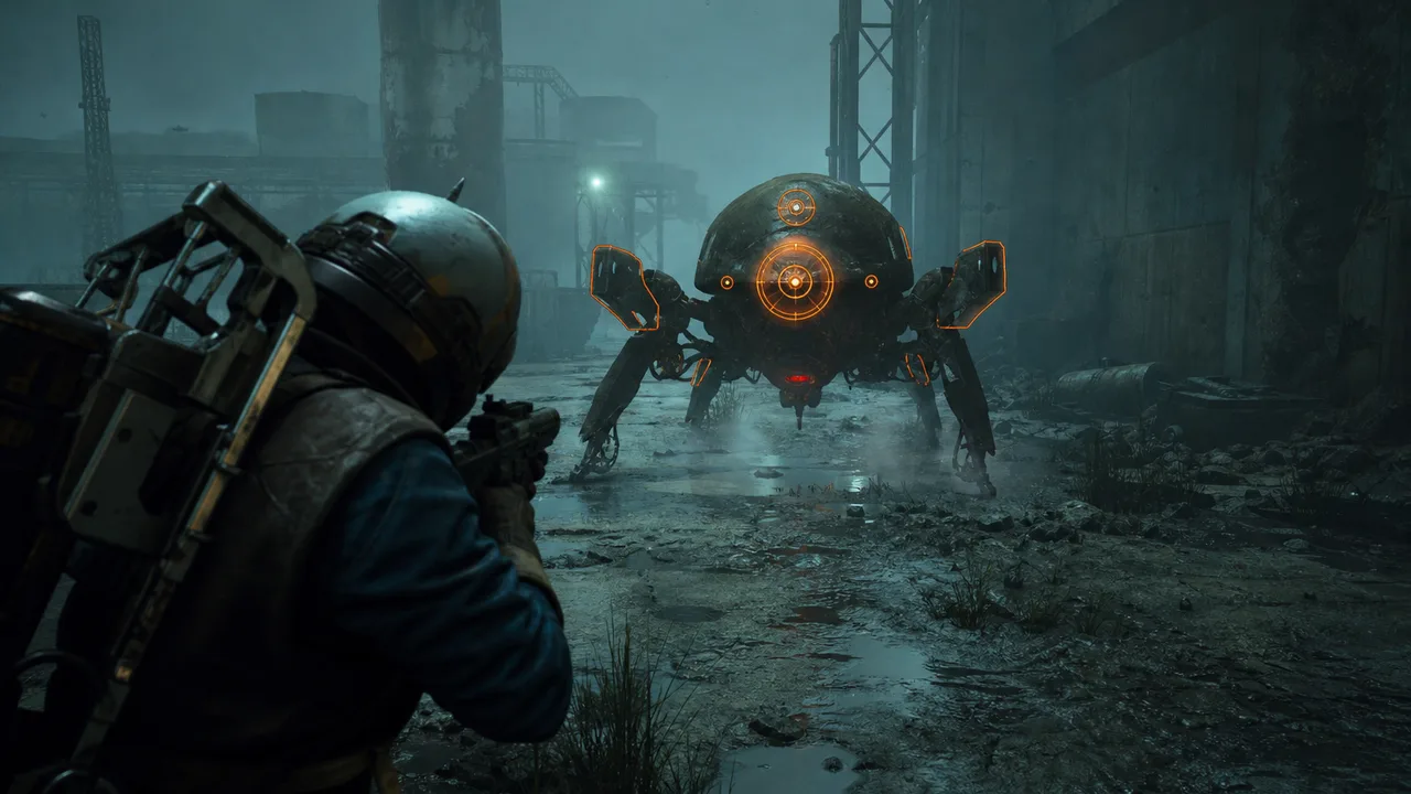 Arc Raiders weakpoint ESP on a mechanized ARC unit during surface combat