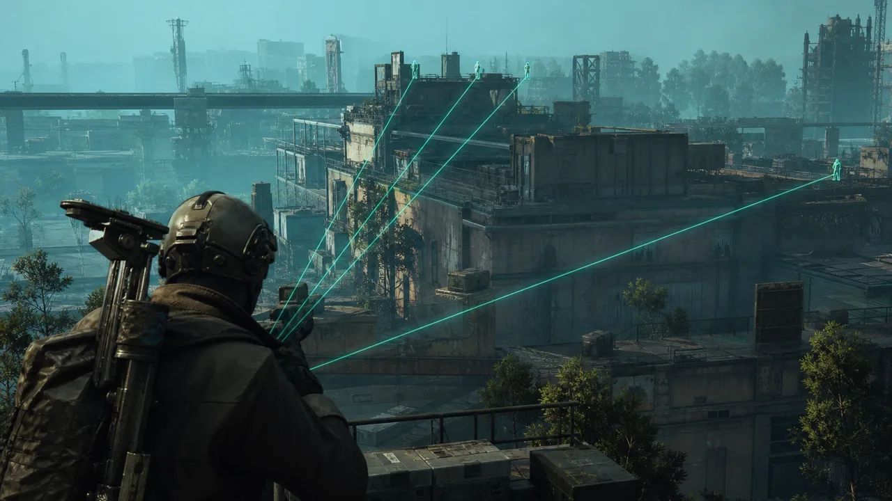 ARC Raiders player ESP sightline across urban terrain