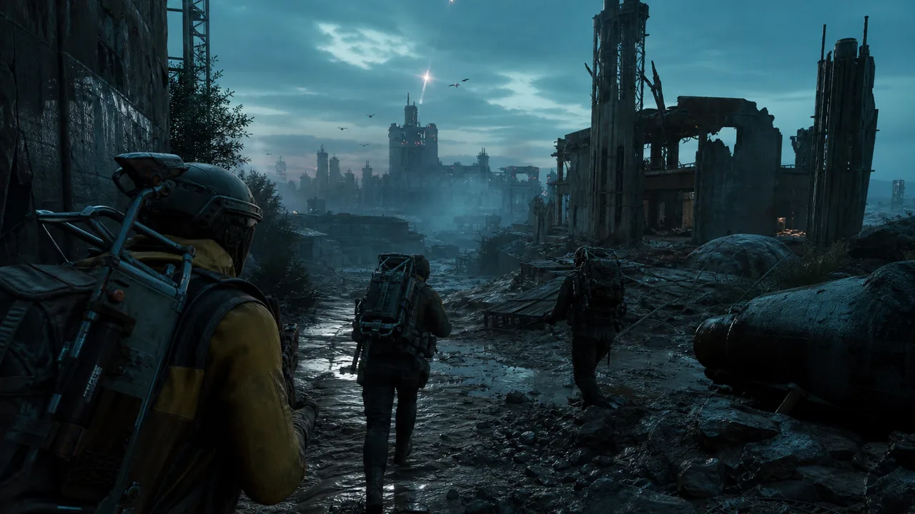 ARC Raiders squad moving through ruined industrial terrain