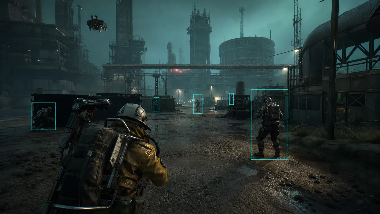 Abstract purple ESP box overlays on a dark extraction-shooter grid