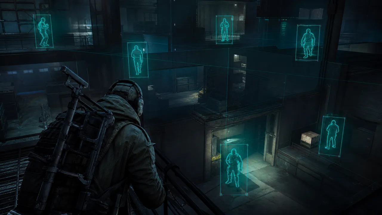 Stylized player ESP boxes rendered over a dark tactical grid