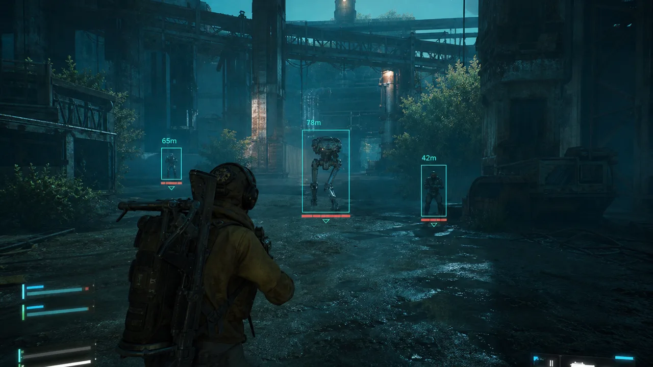 Distance readout and health bar ESP elements on a dark overlay mockup