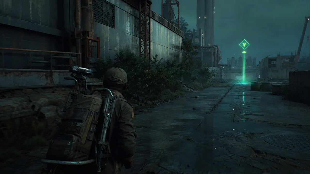 Extraction zone ESP marker with distance readout on Arc Raiders surface map