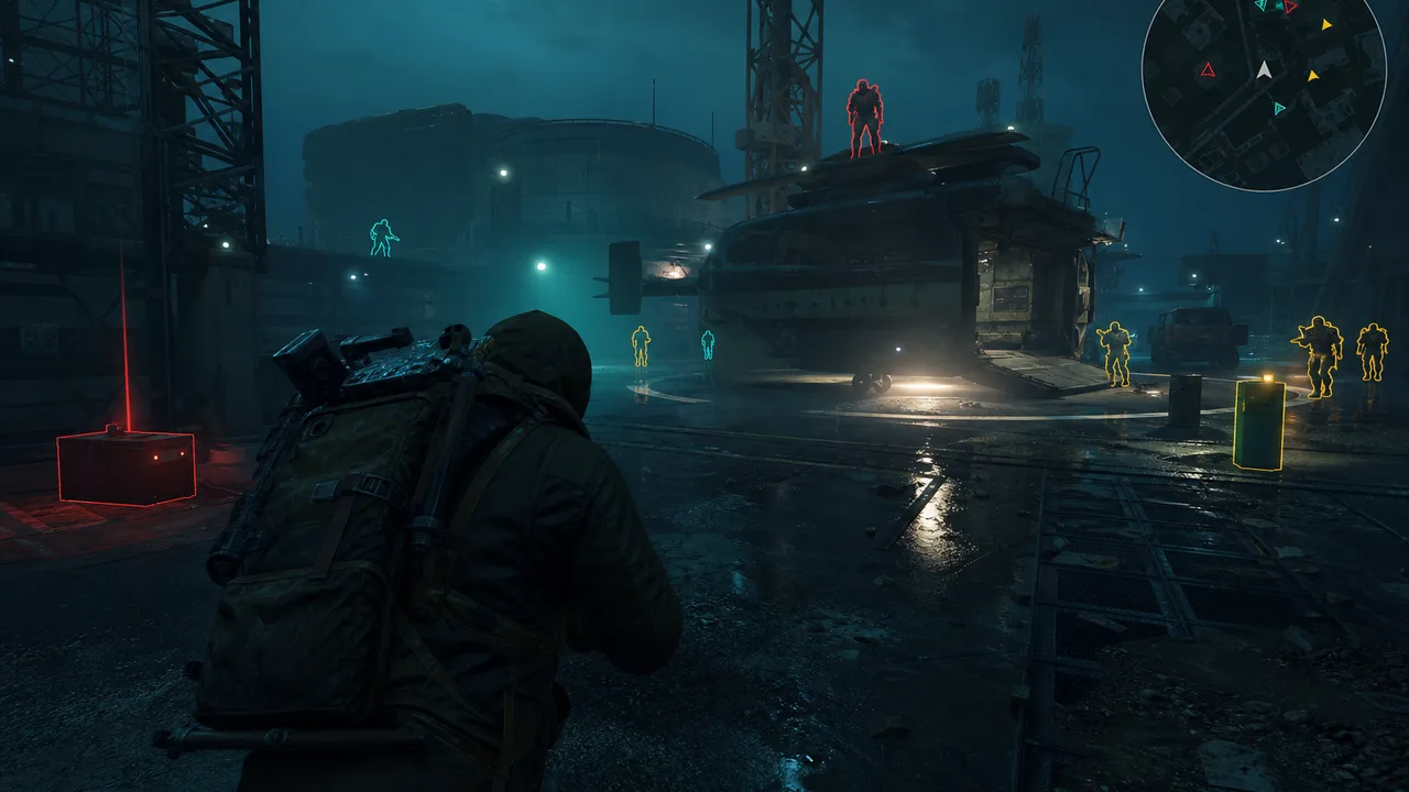 Arc Raiders player approaching extraction with ESP overlays and radar inset
