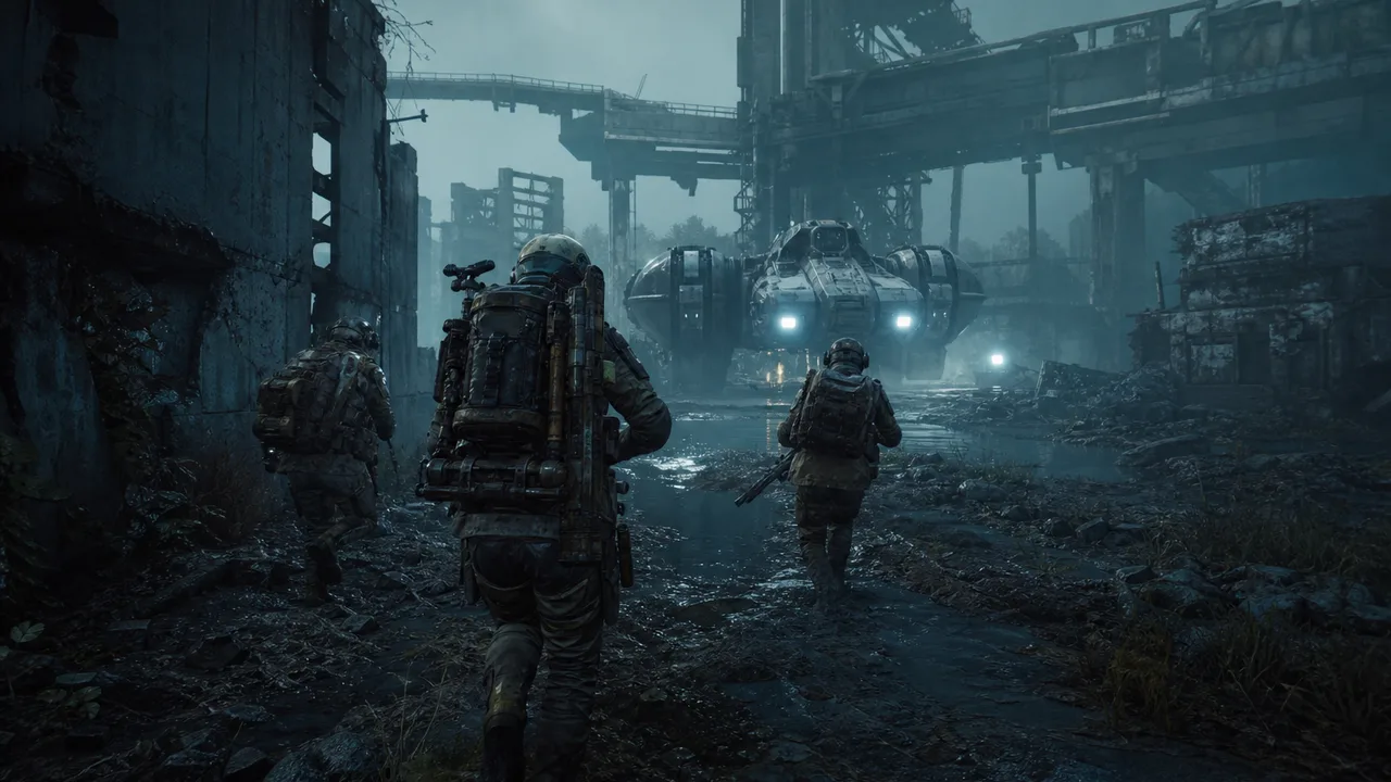 ARC Raiders squad moving through industrial ruins before extraction