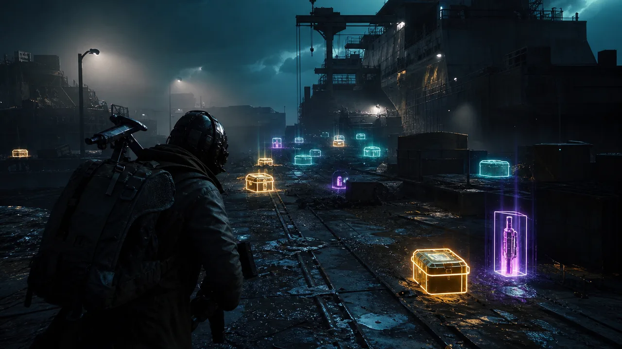 Abstract loot marker overlays on a dark extraction route grid