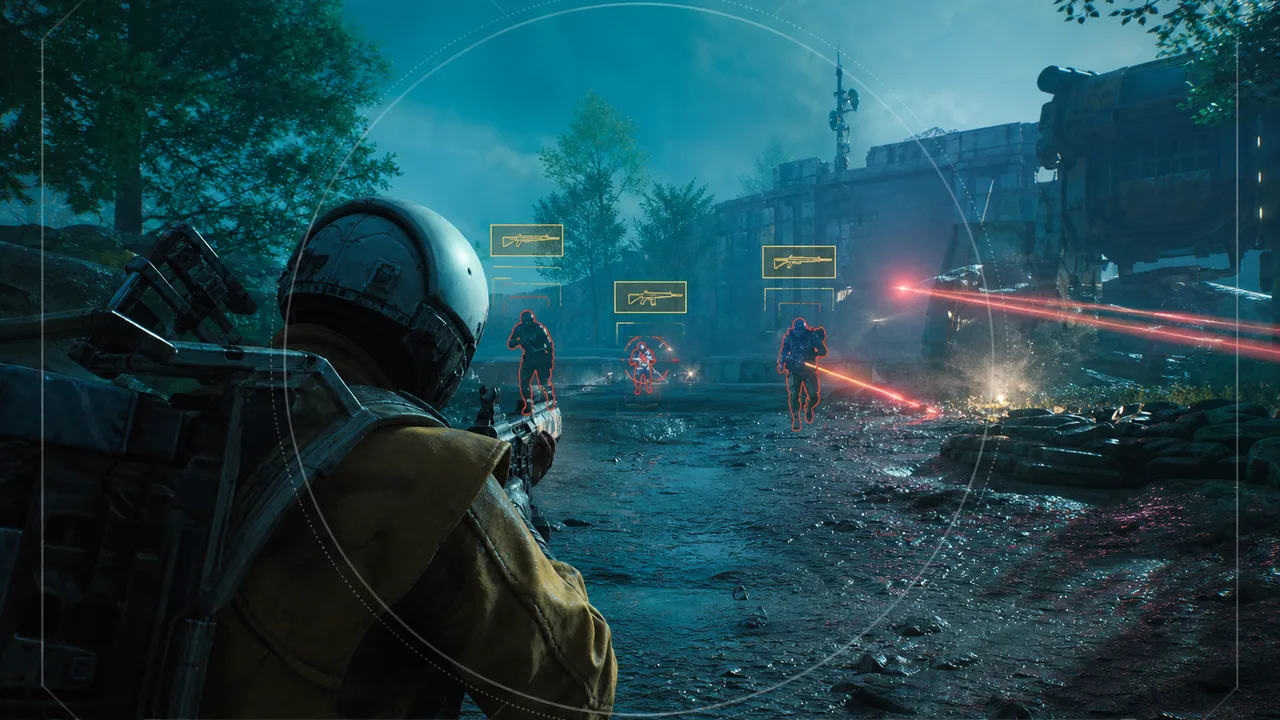 Arc Raiders Pro tier overlay showing aim FOV and weapon ESP during a surface firefight