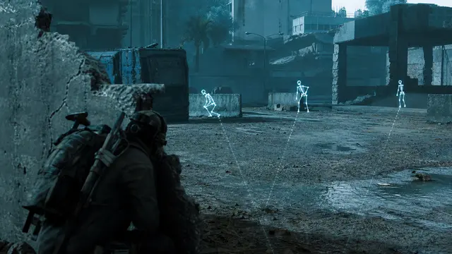 Arc Raiders PvP positioning with ESP skeleton markers showing peek angles