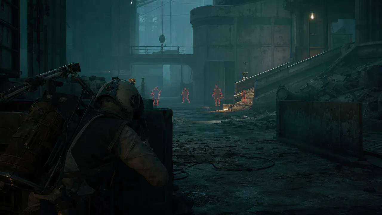 Arc Raiders third-person hold with ESP showing approaching raiders at medium distance