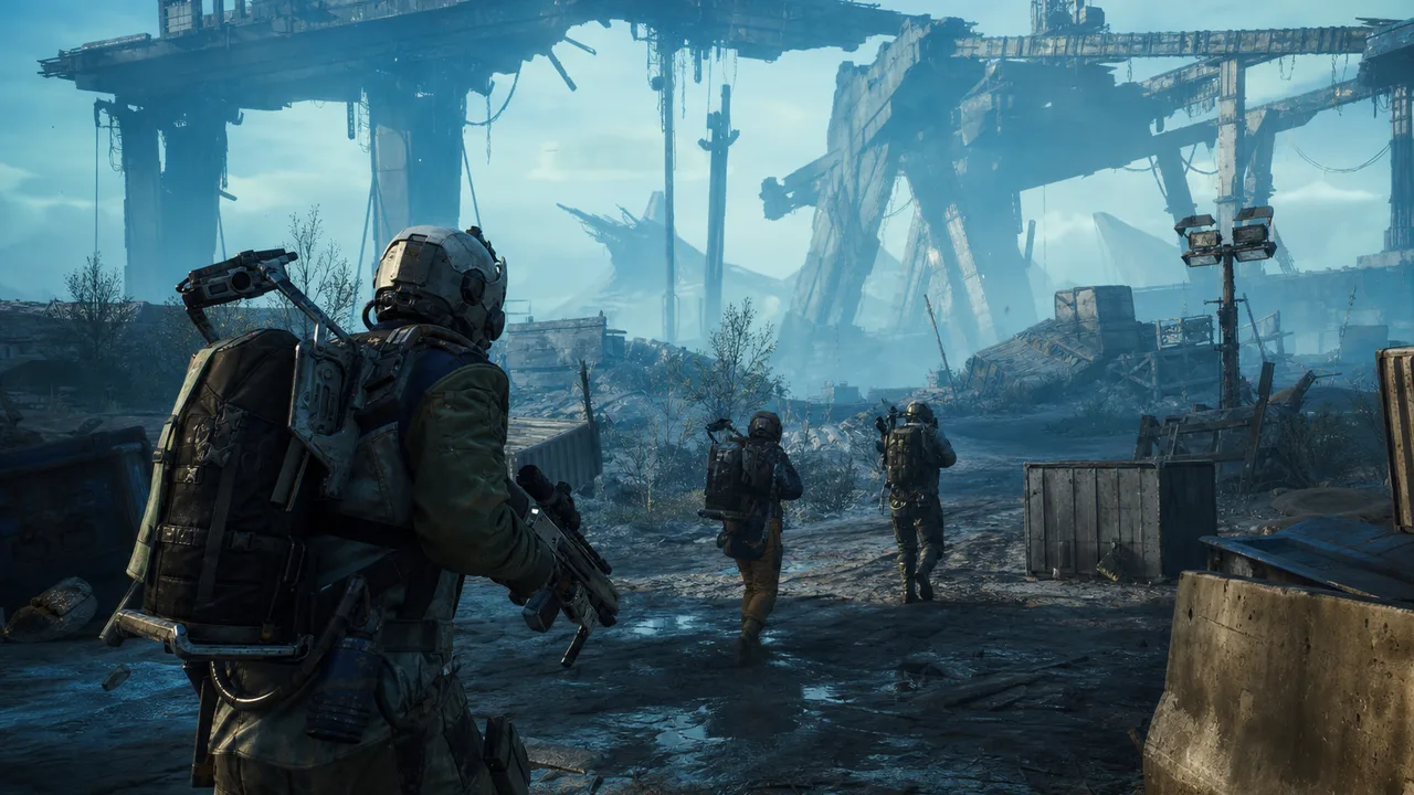 ARC Raiders squad navigating industrial ruins on the surface