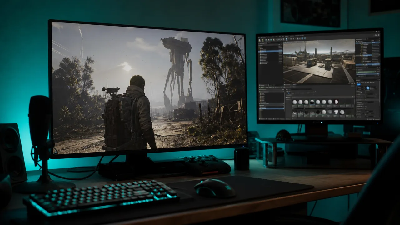 Dual monitor layout with game on primary and tools on secondary