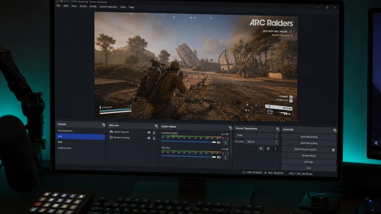 OBS Game Capture properties for Arc Raiders with overlay exclusion notes
