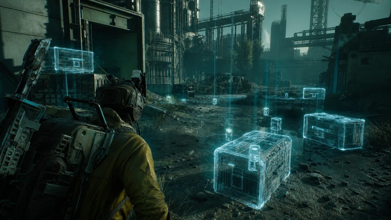 Xray ESP boxes and loot markers on an Arc Raiders industrial map